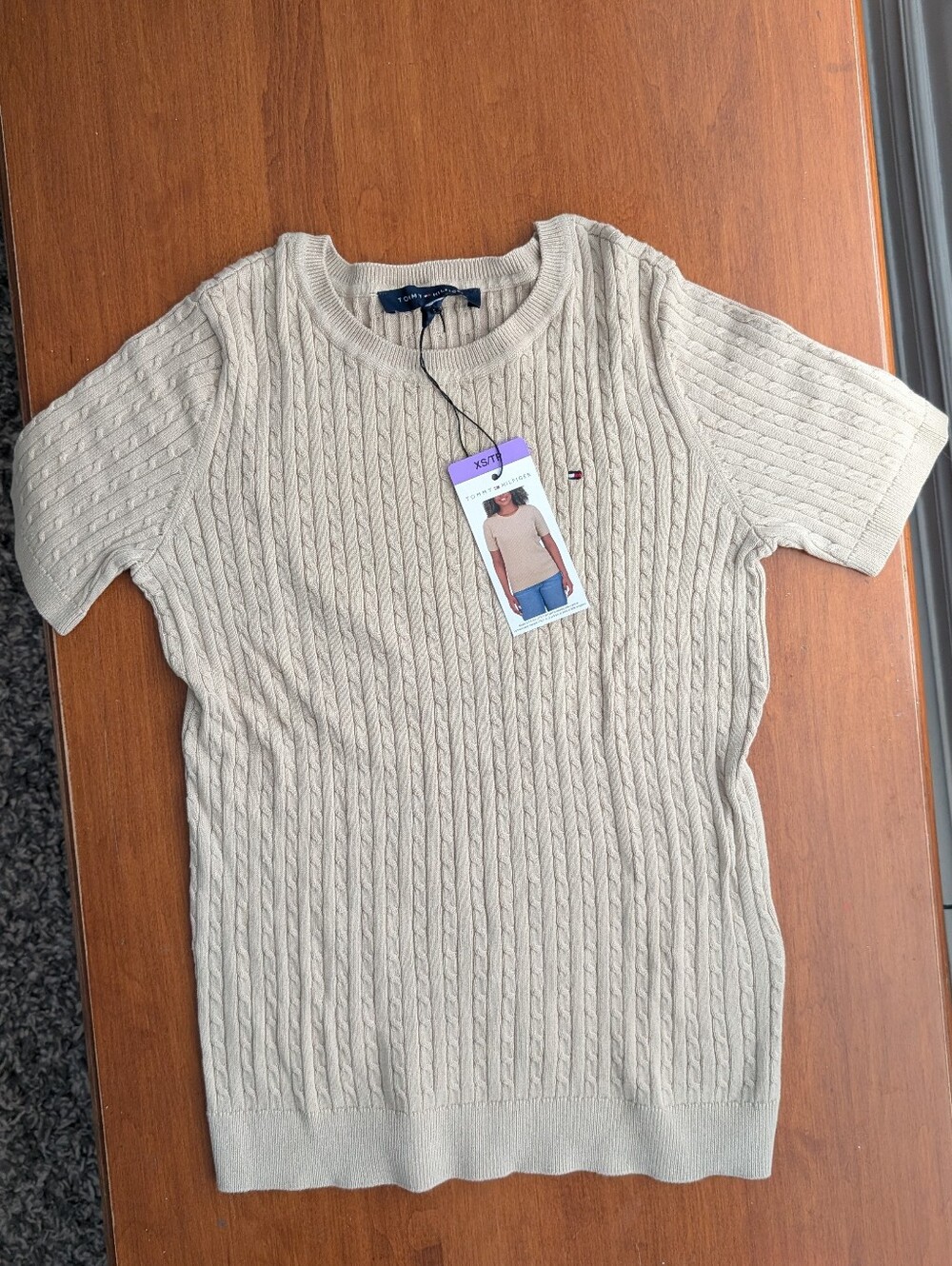 Tommy Hilfiger Beige Cable Knit Short Sleeve Crewneck Sweater